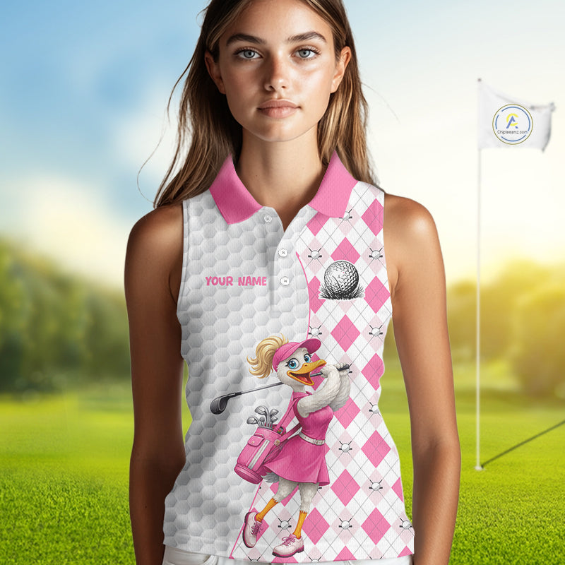 Custom Pink Argyle Golf Sleeveless Polo Shirts For Women Funny Duck Golfer Best Golf Clothing Shirts NYN3055