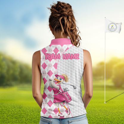 Custom Pink Argyle Golf Sleeveless Polo Shirts For Women Funny Duck Golfer Best Golf Clothing Shirts NYN3055