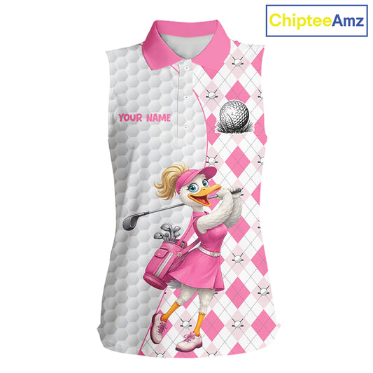 Custom Pink Argyle Golf Sleeveless Polo Shirts For Women Funny Duck Golfer Best Golf Clothing Shirts NYN3055