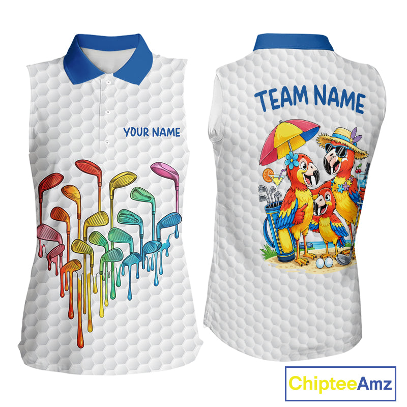 Custom Funny Family Parrots Golf Sleeveless Polo Shirts For Women Colorful Golf Clubs Golf Clothing NYN3056
