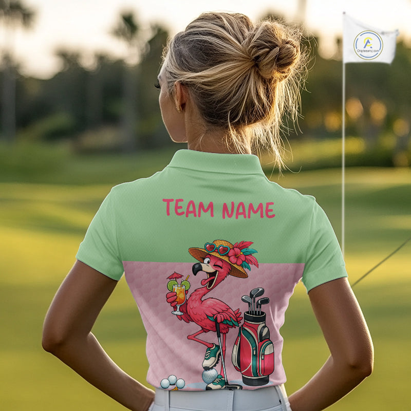 Tropical Funny Flamingo Polo Golf Shirts For Women Custom Pink & Green Golf Team Attire For Golfers NYN3062