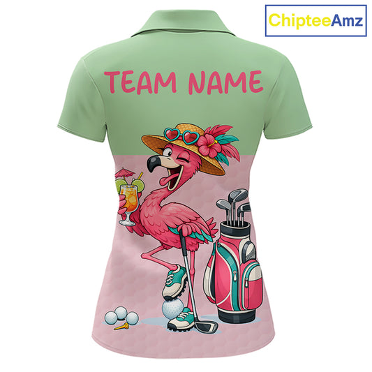 Tropical Funny Flamingo Polo Golf Shirts For Women Custom Pink & Green Golf Team Attire For Golfers NYN3062
