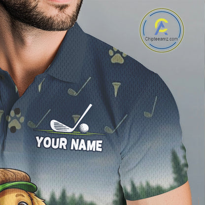 Man wearing patriotic Golden Retriever golf polo shirt with American flag design