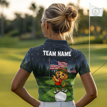 Load image into Gallery viewer, Woman wearing patriotic Golden Retriever golf polo shirt with American flag design