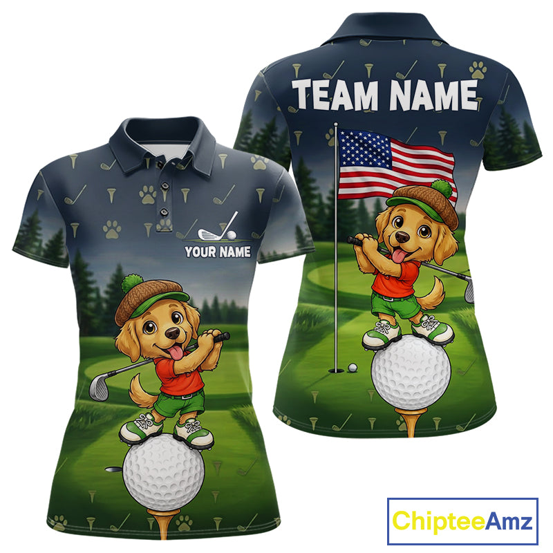 Women's American Flag Golden Retriever golf polo shirt mockup patriotic golf team outfit