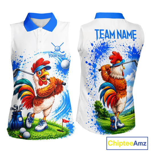 Women's funny rooster golfer golf sleeveless polo shirt mockup blue splatter golf apparel