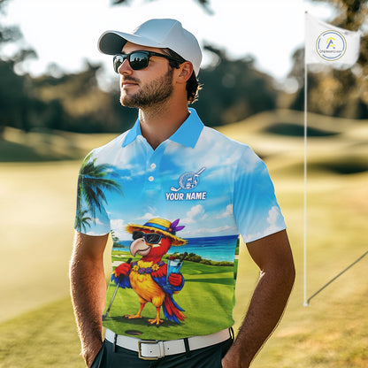 Man wearing tropical parrot golf polo shirt during summer golf outing