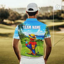 Load image into Gallery viewer, Man wearing tropical parrot golf polo shirt during summer golf outing