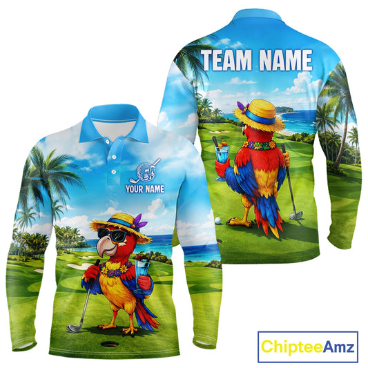 Men's funny parrot golf polo shirt mockup tropical summer golf apparel