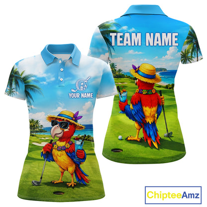 Women's funny parrot golf polo shirt mockup tropical summer golf apparel