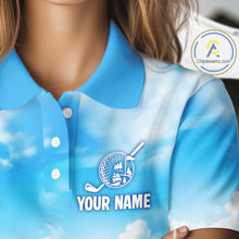 Load image into Gallery viewer, Woman wearing tropical parrot golf polo shirt during summer golf outing