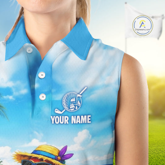 Woman wearing tropical parrot golf sleeveless polo shirt during summer golf outing