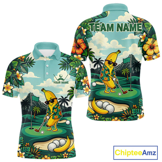 Men's funny banana golfer golf polo shirt mockup monstera tropical golf apparel