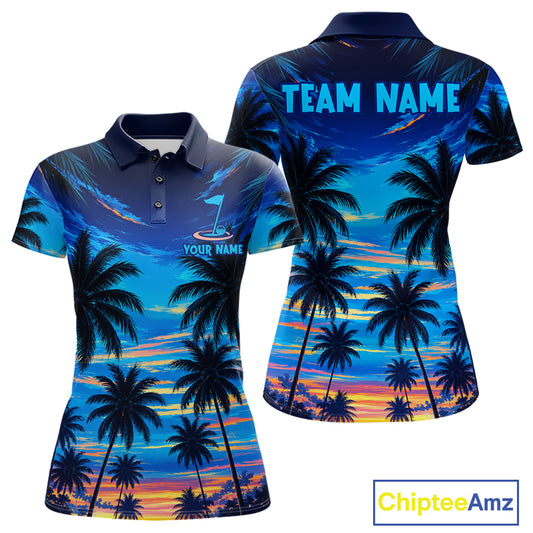 Women's sunset tropical palm tree golf polo shirt mockup personalized golf apparel
