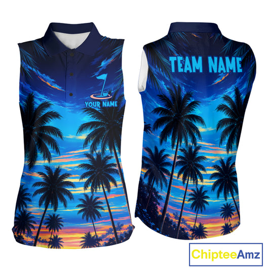 Women's sunset tropical palm tree golf sleeveless polo shirt mockup personalized golf apparel