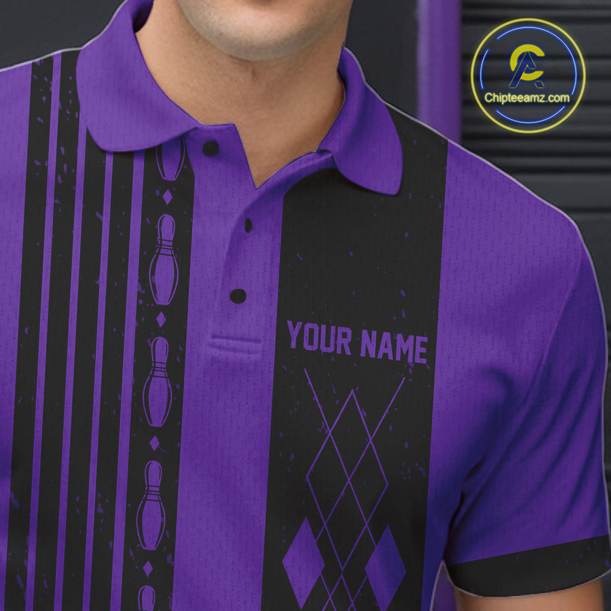 Male bowler modeling retro argyle bowling apparel, vintage bowling aesthetic, classic sports fashion, custom bowling team clothing.