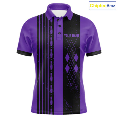 Retro Purple Argyle Bowling Polo featuring classic argyle design, personalized bowling jersey, retro sportswear, custom bowling team uniform.