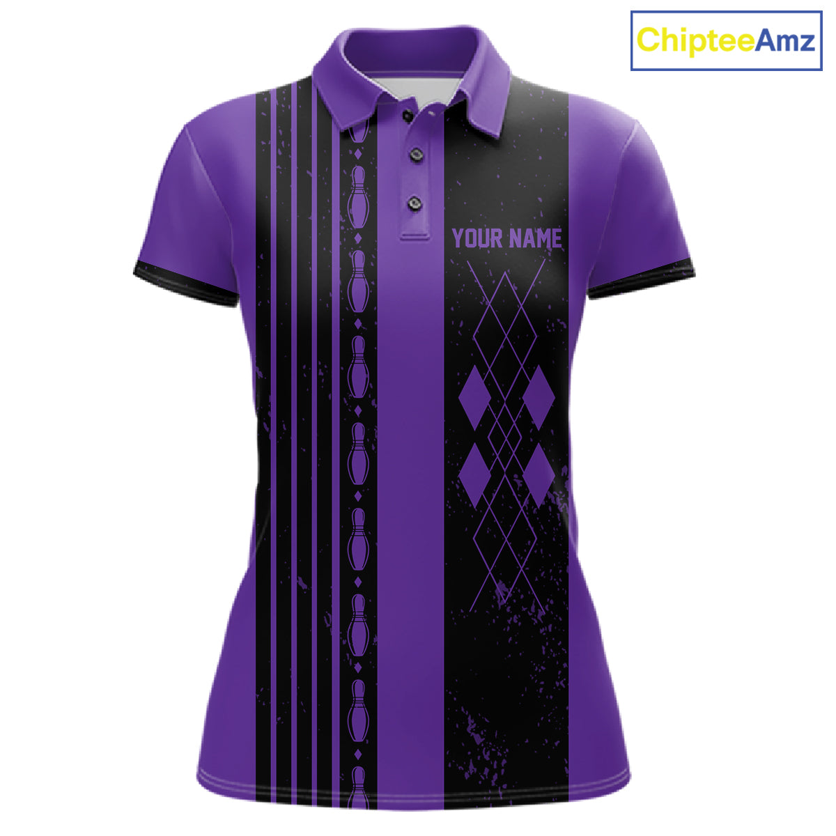 Woman wearing Retro Purple Argyle Bowling Polo Shirt with vintage argyle pattern, personalized bowling team apparel, retro bowling fashion, custom tournament polo, athletic performance clothing.