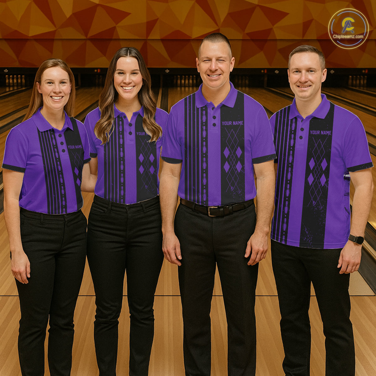 Retro-themed bowling team wearing matching Purple Argyle jerseys, vintage league apparel, classic bowling tournament uniforms, retro sports culture, nostalgic bowling fashion.