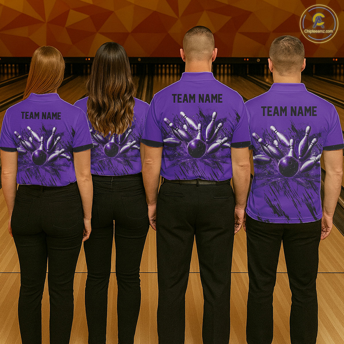 Retro-themed bowling team wearing matching Purple Argyle jerseys, vintage league apparel, classic bowling tournament uniforms, retro sports culture, nostalgic bowling fashion.