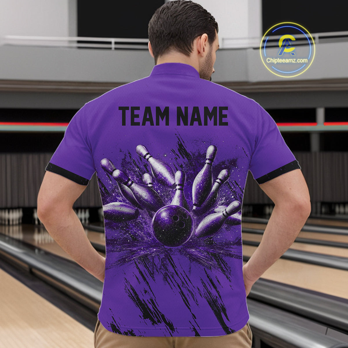 Male bowler modeling retro argyle bowling apparel, vintage bowling aesthetic, classic sports fashion, custom bowling team clothing.