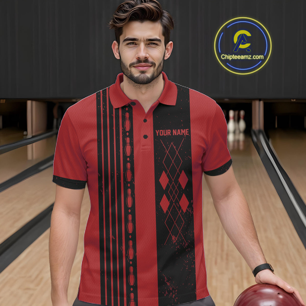 Male bowler wearing classic red argyle bowling jersey, retro sports aesthetic, bowling heritage fashion.