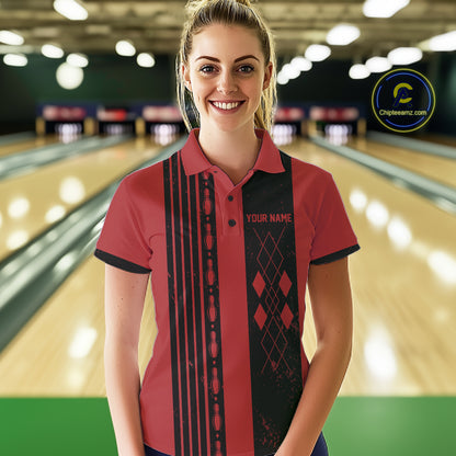 Female bowler modeling retro red argyle bowling fashion, nostalgic sportswear, vintage bowling style, personalized apparel.