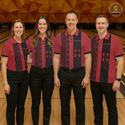 Bowling team wearing matching Retro Red Argyle uniforms, vintage tournament jerseys, retro bowling league apparel, classic sportswear theme.