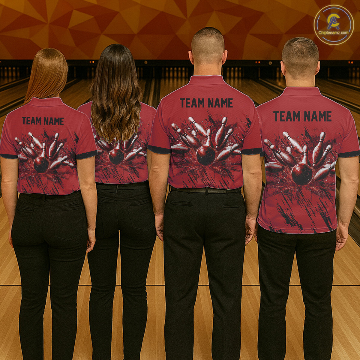 Bowling team wearing matching Retro Red Argyle uniforms, vintage tournament jerseys, retro bowling league apparel, classic sportswear theme.