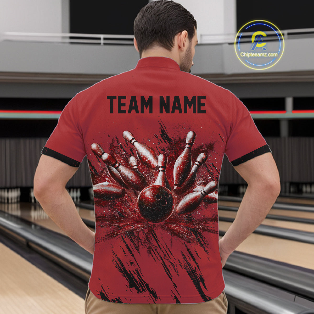 Male bowler wearing classic red argyle bowling jersey, retro sports aesthetic, bowling heritage fashion.