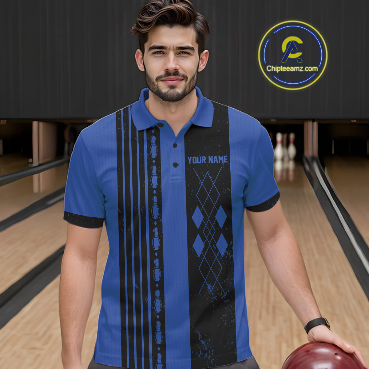 Retro Blue Argyle Grunge Bowling Shirt For Men Custom Team Bowling Tournament Outfits NYN3774