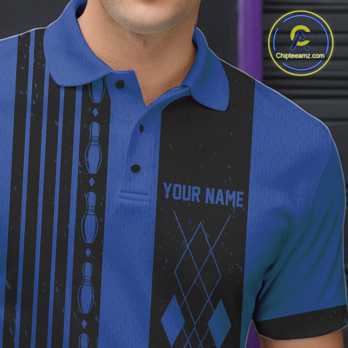 Retro Blue Argyle Grunge Bowling Shirt For Men Custom Team Bowling Tournament Outfits NYN3774