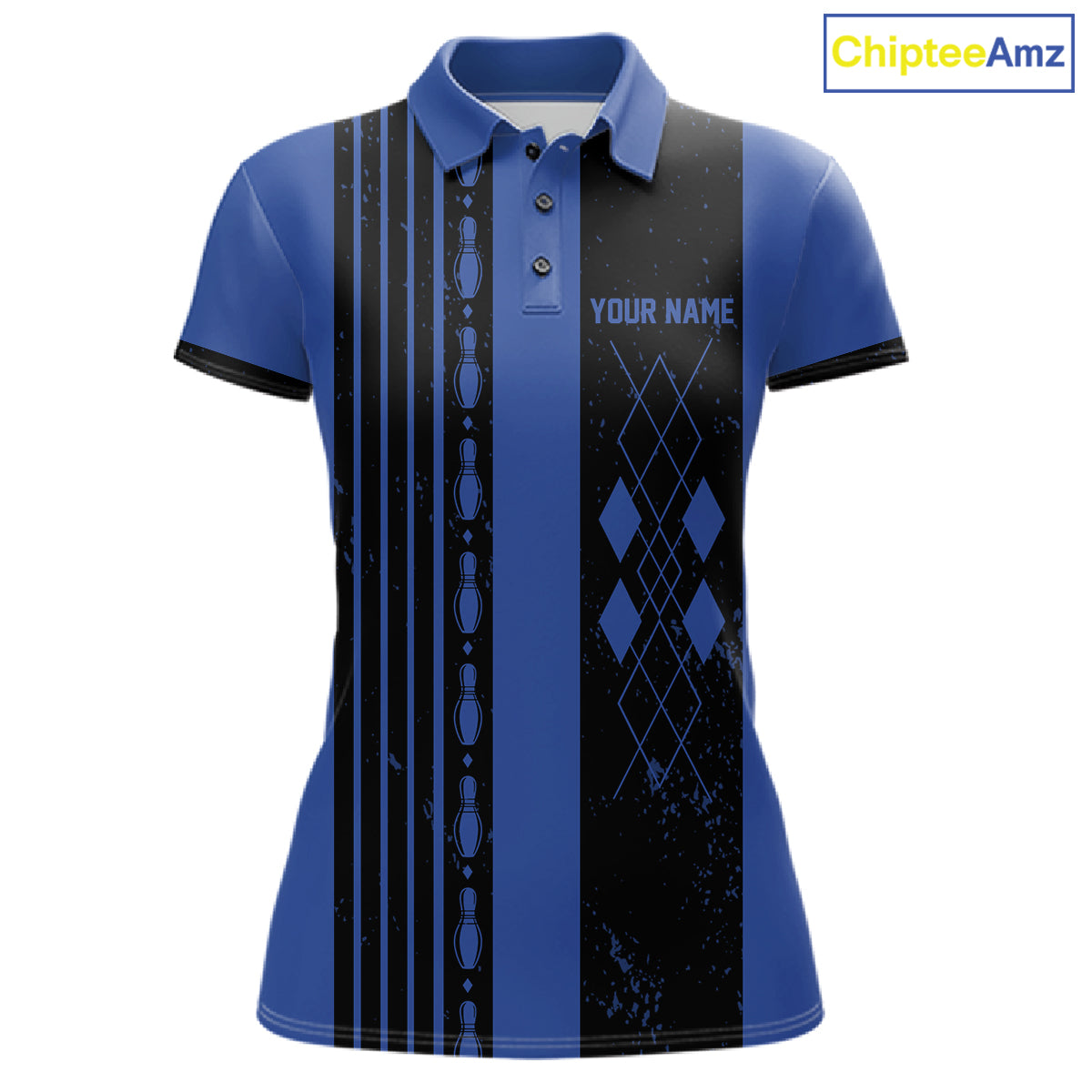 Woman wearing Retro Blue Argyle Bowling Polo Shirt with personalized bowling team design, classic blue argyle pattern, breathable performance polo, retro sportswear.