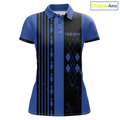 Woman wearing Retro Blue Argyle Bowling Polo Shirt with personalized bowling team design, classic blue argyle pattern, breathable performance polo, retro sportswear.