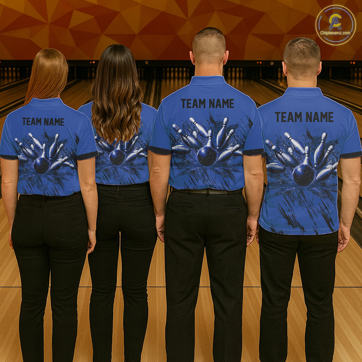 Bowling team wearing matching Retro Blue Argyle jerseys, vintage-inspired tournament uniforms, retro bowling culture, classic team sports apparel.