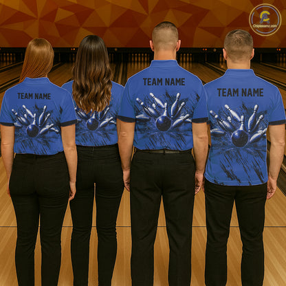 Bowling team wearing matching Retro Blue Argyle jerseys, vintage-inspired tournament uniforms, retro bowling culture, classic team sports apparel.