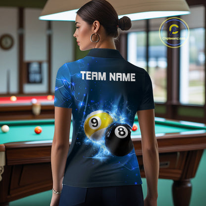 Custom 8 Ball & 9 Ball Womens Billiard Shirt Personalized Thunder Blue Billiard Tournament Jerseys NYN3777