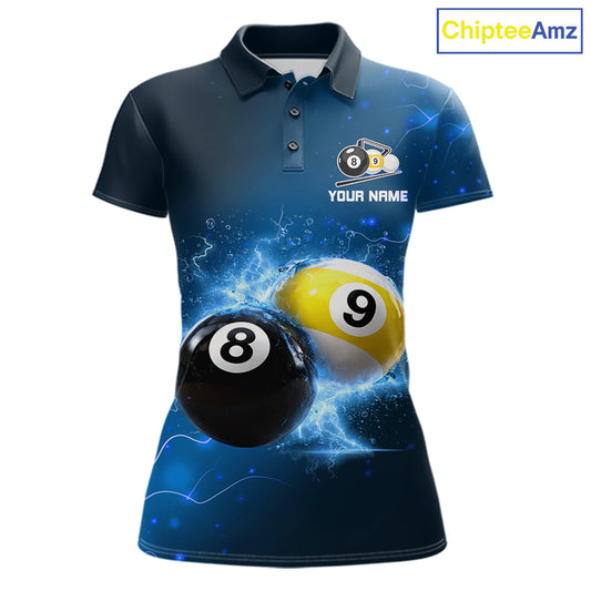 Custom 8 Ball & 9 Ball Womens Billiard Shirt Personalized Thunder Blue Billiard Tournament Jerseys NYN3777