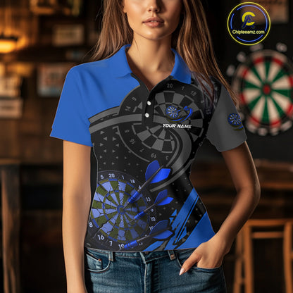 Custom Black & Blue Cracked Dartboard Women Dart Shirt Outfits Polo & 1/4-Zip Dart Jersey NYN1047