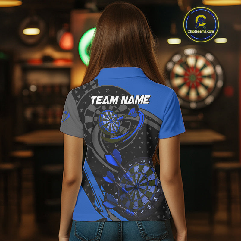 Custom Black & Blue Cracked Dartboard Women Dart Shirt Outfits Polo & 1/4-Zip Dart Jersey NYN1047