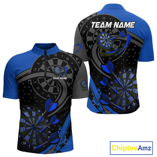 Custom Black & Blue Cracked Dartboard Men Dart Shirt Outfits Polo & 1/4-Zip Dart Jersey NYN1047