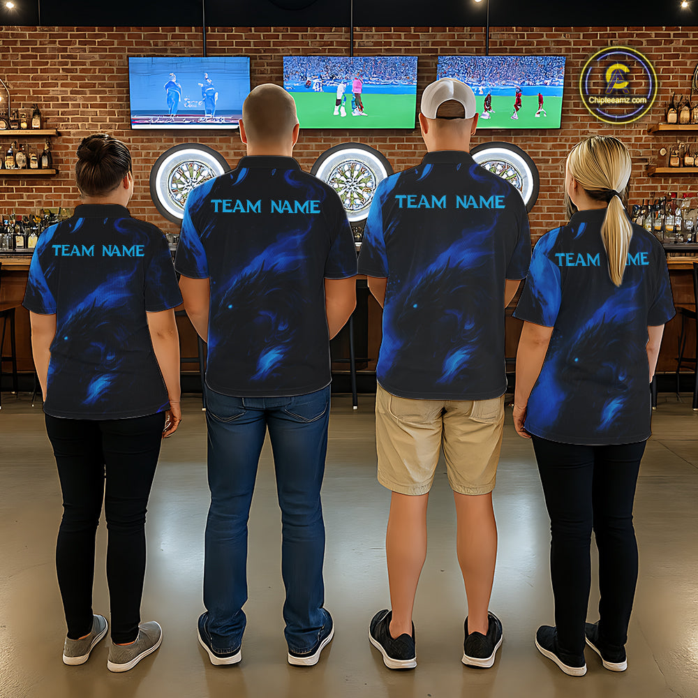Personalized Black And Blue Flames Dragon Dart Polo Shirts For Women Dart Team Jerseys NYN2188