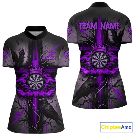 Personalized Raven Purple Flames Crown Darts Quarter-Zip Shirts For Women Cross Dart Gothic Jerseys NYN2195