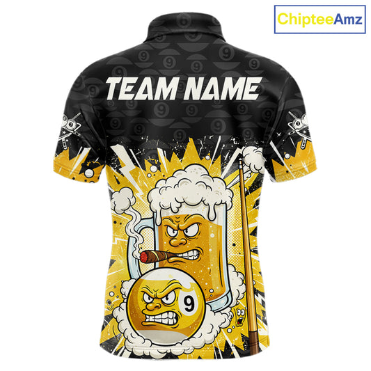 Funny Smoke Beer Pool 9 Ball Men's Billiard Team Shirt Custom Billiard Polo & 1/4 Zip Attire NYN2472