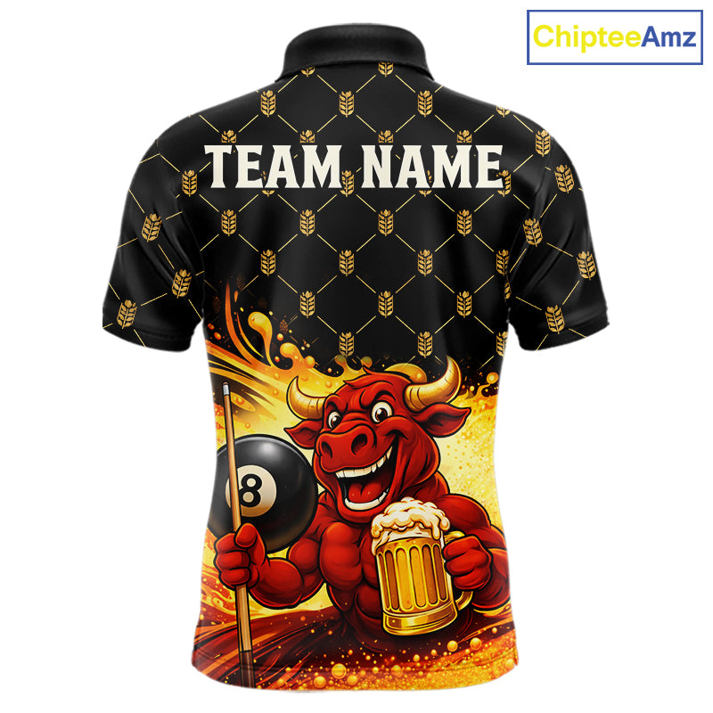 Beer & Funny Bull Play Pool 8 Ball Men Billiard Team Shirt Custom Billiard Polo & 1/4 Zip Attire NYN2475
