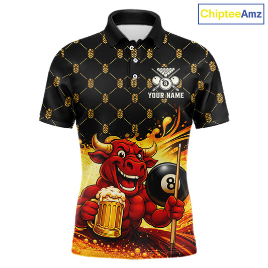 Beer & Funny Bull Play Pool 8 Ball Men Billiard Team Shirt Custom Billiard Polo & 1/4 Zip Attire NYN2475