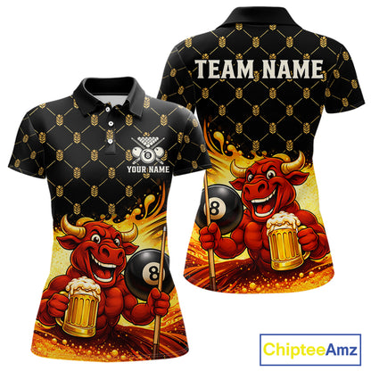 Beer & Funny Bull Play Pool 8 Ball Women Billiard Team Shirt Custom Billiard Polo & 1/4 Zip Attire NYN2475