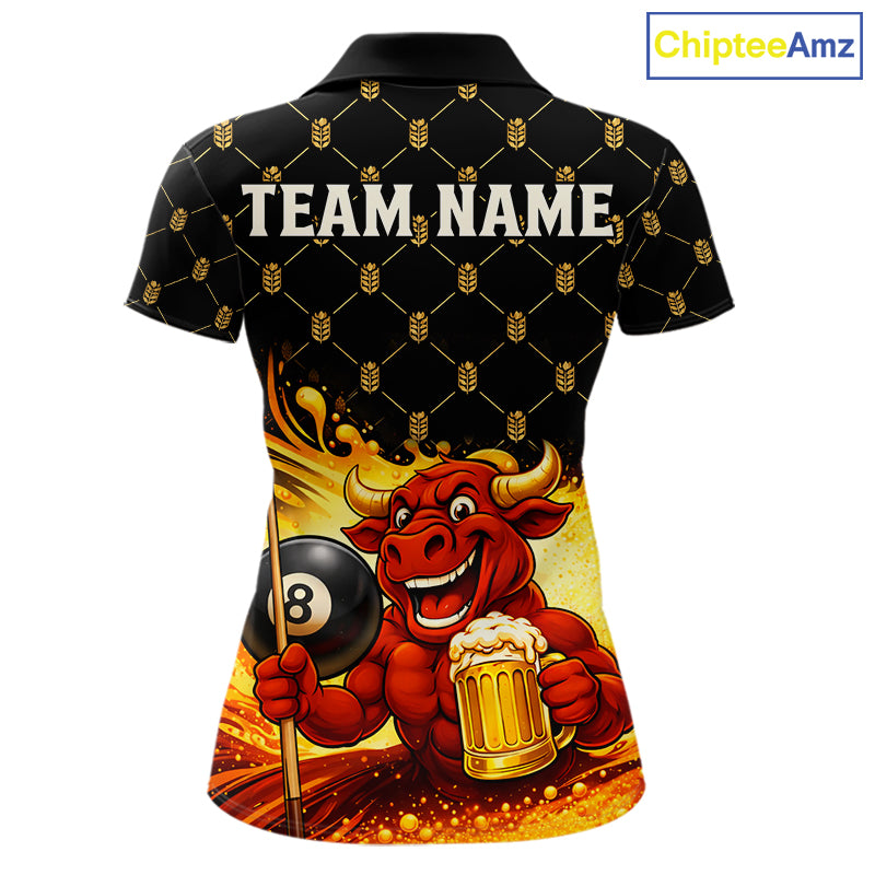 Beer & Funny Bull Play Pool 8 Ball Women Billiard Team Shirt Custom Billiard Polo & 1/4 Zip Attire NYN2475