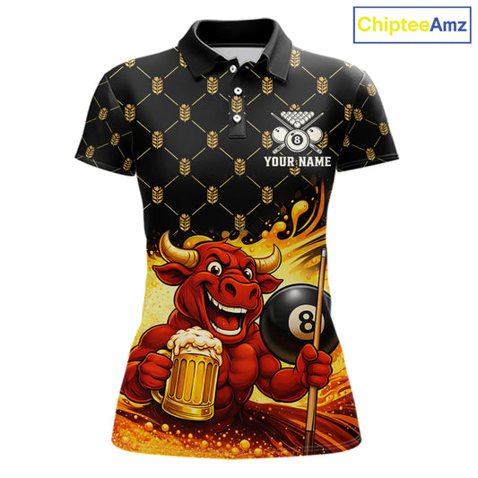 Beer & Funny Bull Play Pool 8 Ball Women Billiard Team Shirt Custom Billiard Polo & 1/4 Zip Attire NYN2475