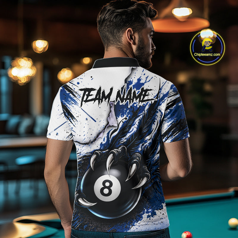 White And Blue Claws 8 Ball Billiard Pool Shirt For Men Custom Billiard Attire Team Jersey NYN3064